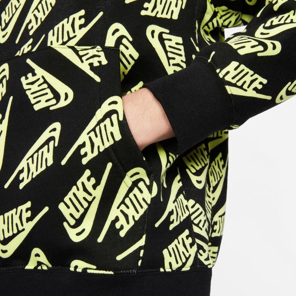 Nike Sport Black Yellow Volt Allover Print Pullover Hoodie Sz Large - Picture 2 of 12